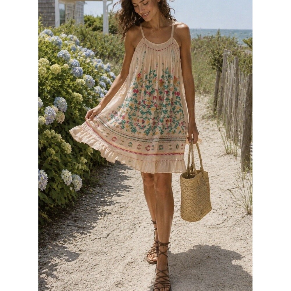 Akemi + Kin Anthropologie Embroidered Floral Ruffle Mini Dress Cotton Pockets 2